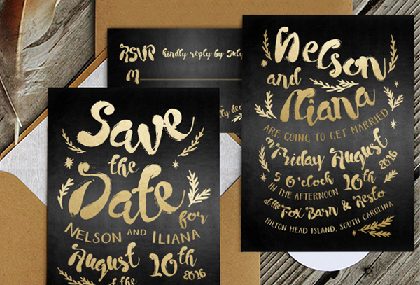 Black and Gold Hipster Save The Date Wedding Invitations Suite