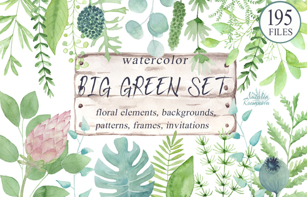 Green Leafs Watercolor Photoshop Brushes
