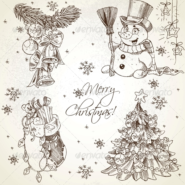 Vintage Sketch Draw Merry Christmas Set