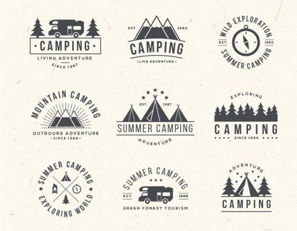 Free Hand Drawn Camping Logos in Vintage Style