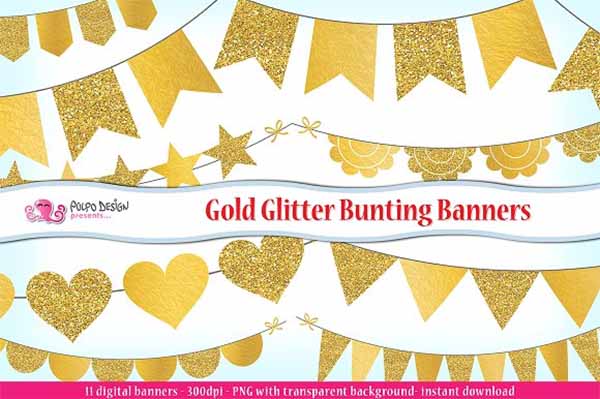 Gold Glitter Bunting Banner Clipart