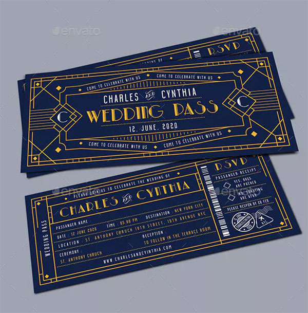 Art Deco Wedding Invitation Ticket Card