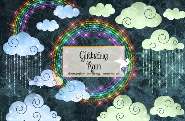 Glittering Rain and Rainbows Clipart Overlays