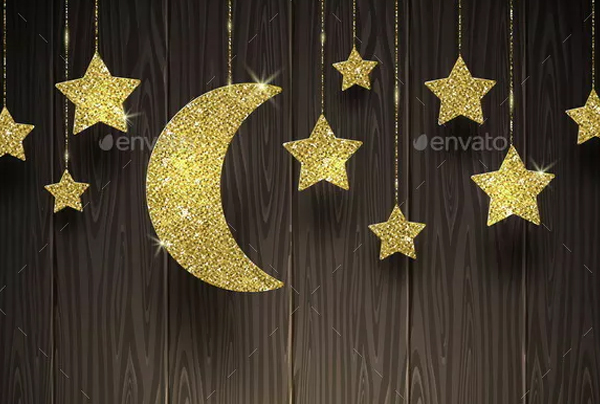 Glitter Gold Stars and Moon on a Wooden Texture