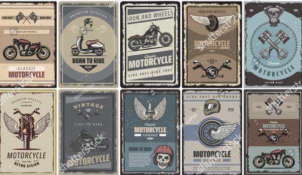 Vintage Colored Motorcycle Flyers Set 