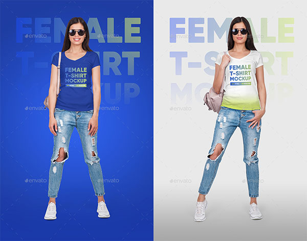 Female V-Neck T-Shirt and Backpack Mockups