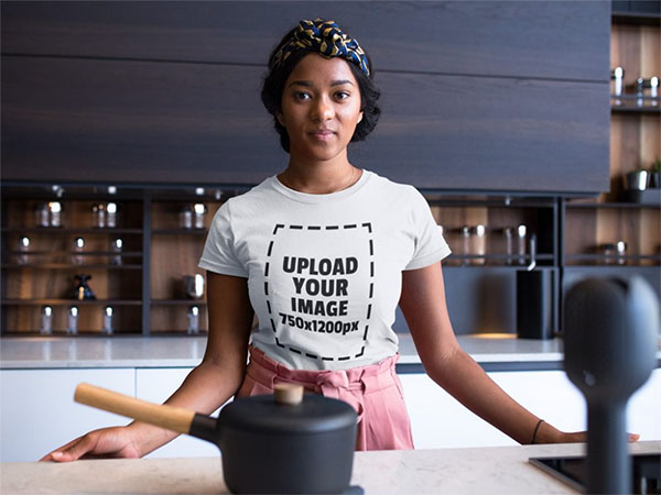 Free Woman in Kitchen wearing a T-Shirt Mockup