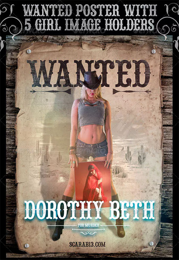 Wanted Poster with 5 Cowgirl Image Holders