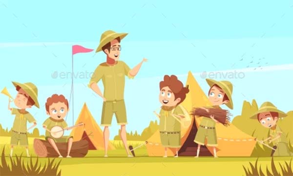 Scouts Camping Retro Cartoon Poster Template
