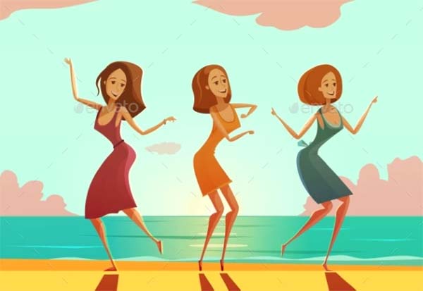 Women Dancing on Beach Cartoon Poster